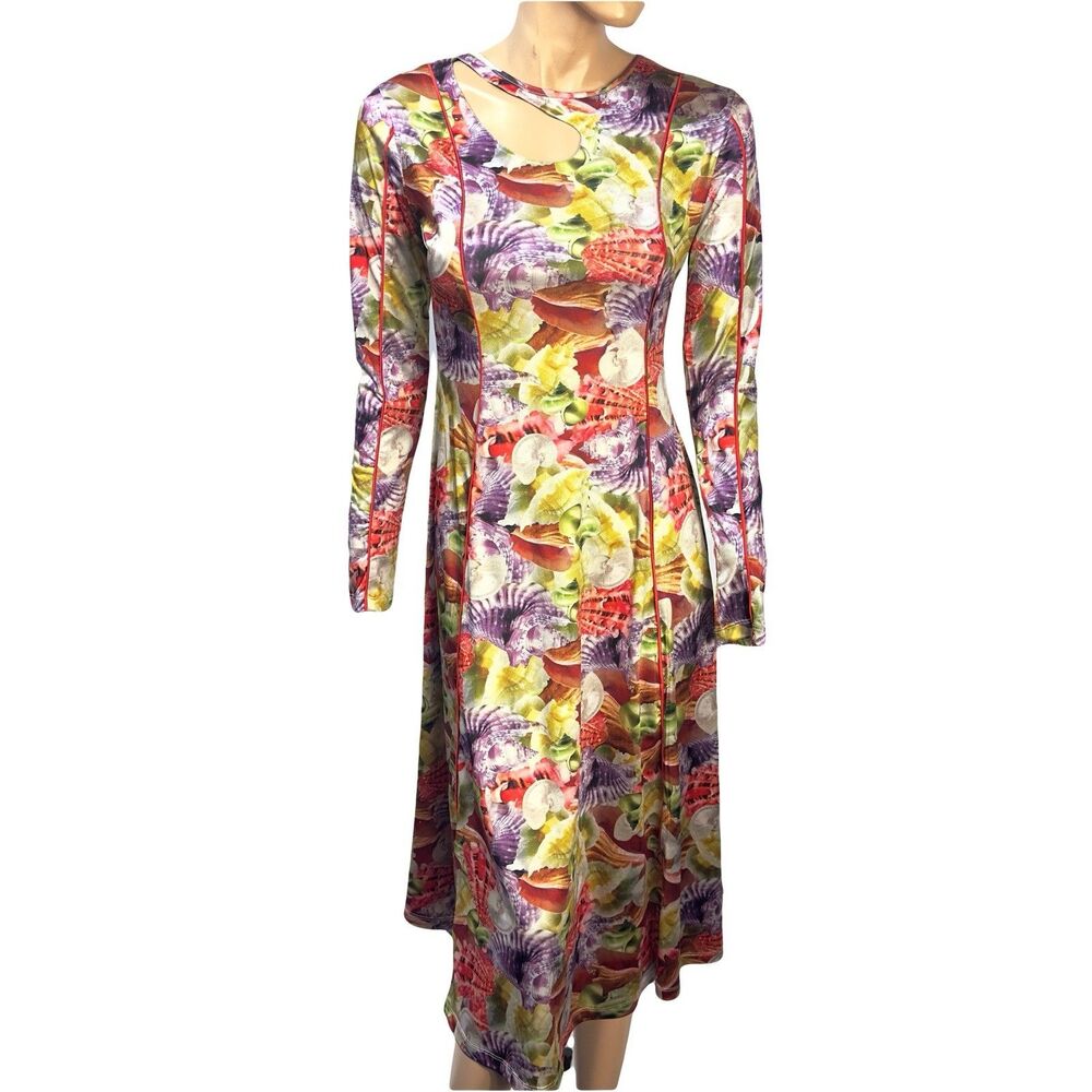 Hosbjerg Funa Asta Midi Dress S Small Seashell Print Long Sleeve Cutout Neck